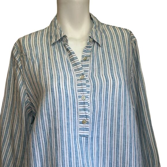 Pure Jill Love Linen White Blue Black Striped 1/2 Button Popover Tunic Top sz M - Picture 5 of 11